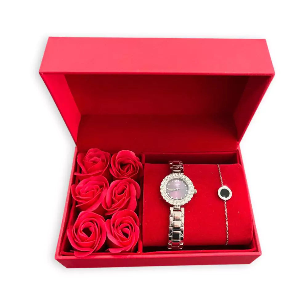 Coffret cadeau femme – Montre, bracelet et roses éternelles
